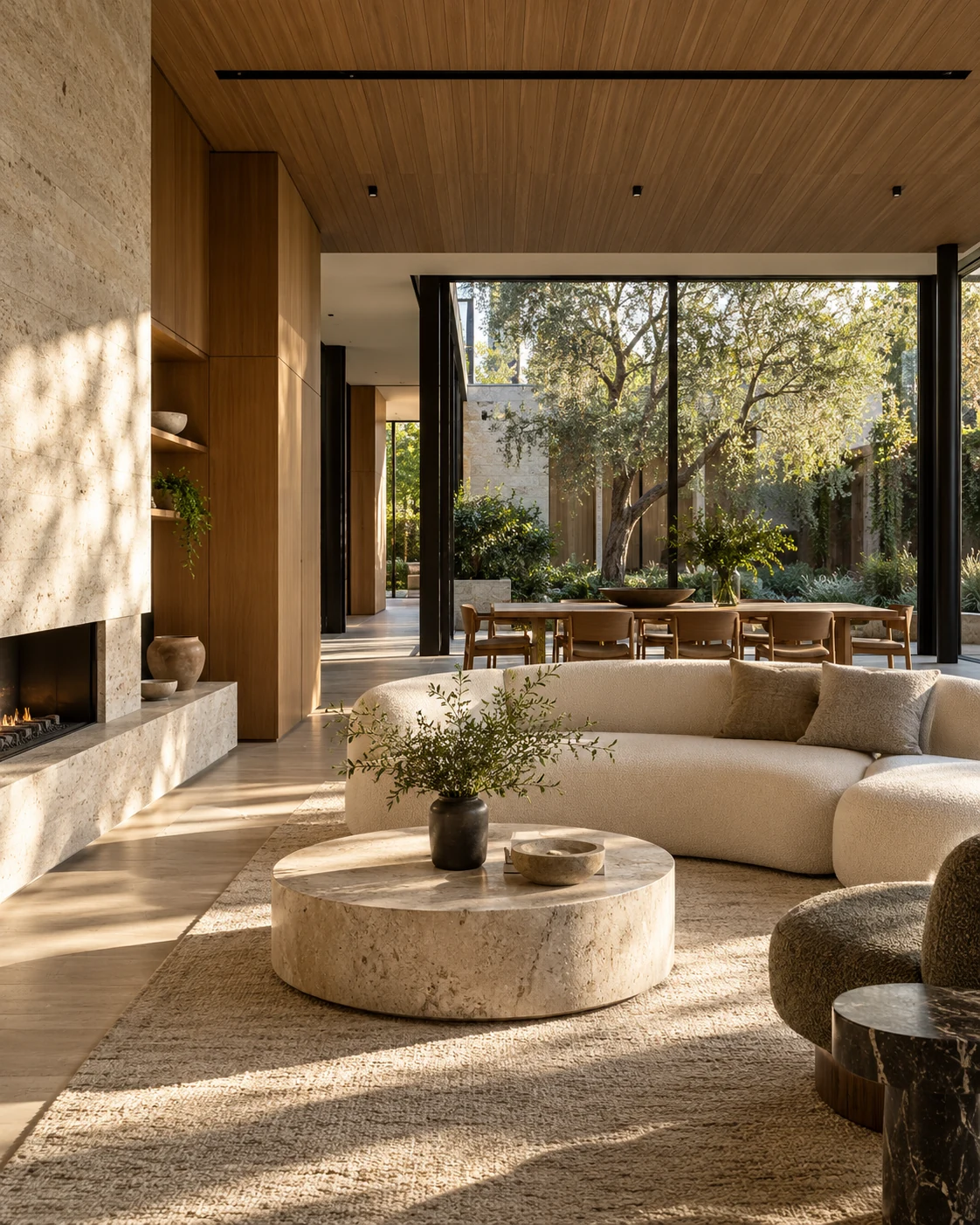 Sunlit oak and limestone living space opening onto a garden