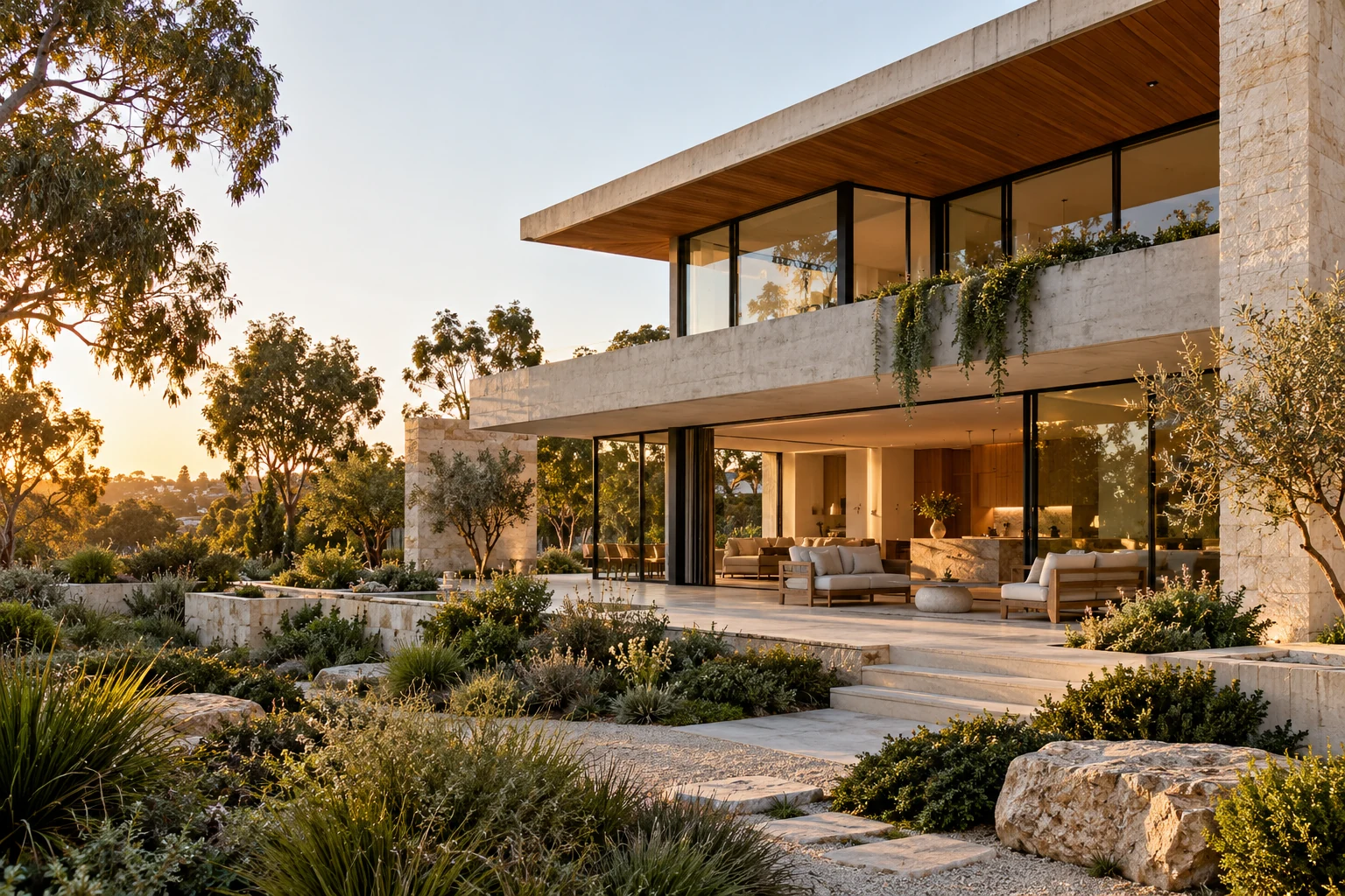 Contemporary stone and timber residence surrounded by lush landscaping