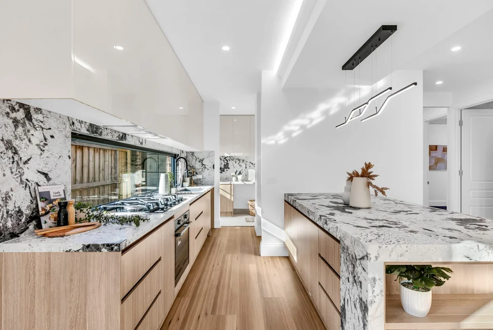 Modern timber kitchen with stone island