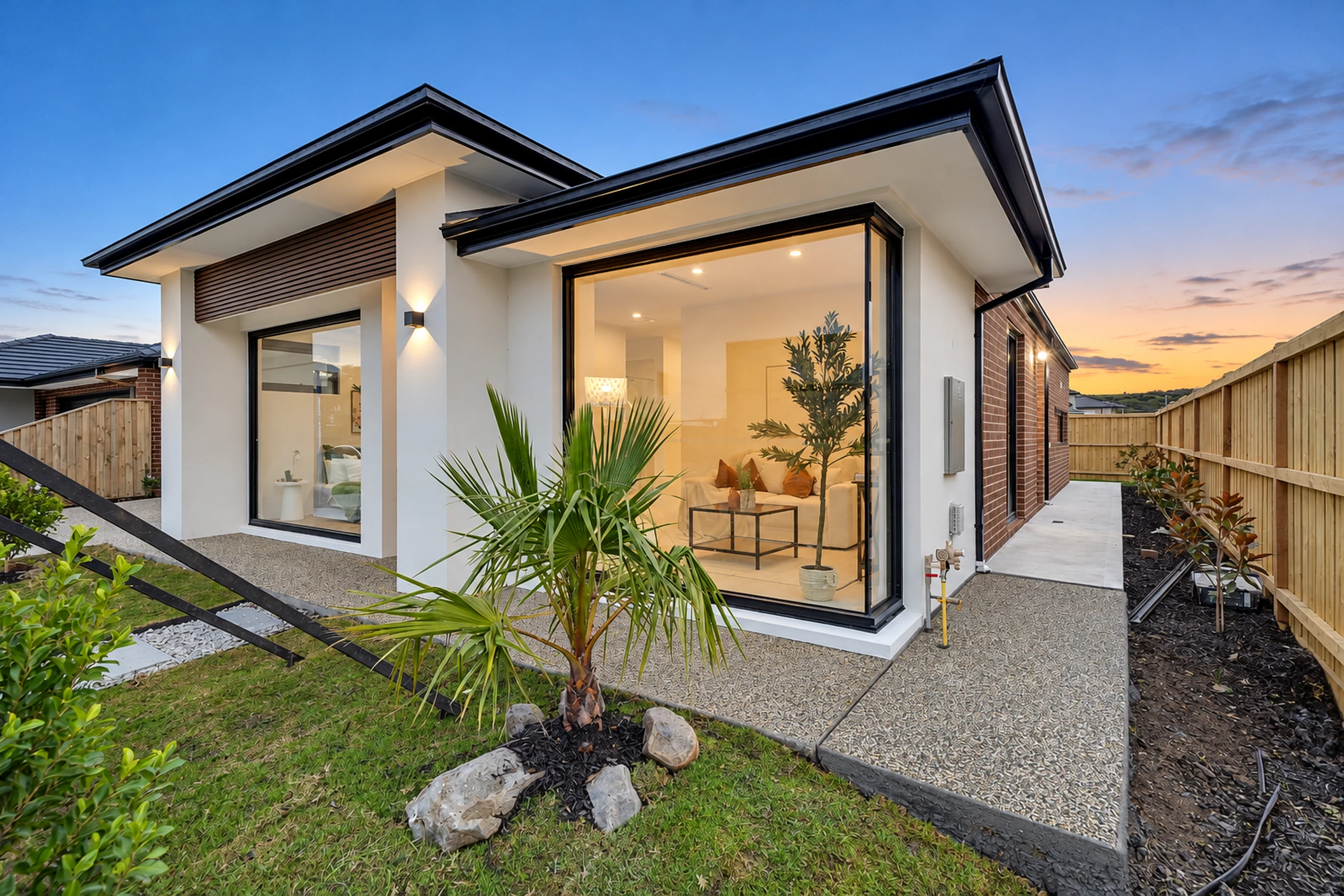Glazed living space and contemporary house exterior with a landscaped side garden